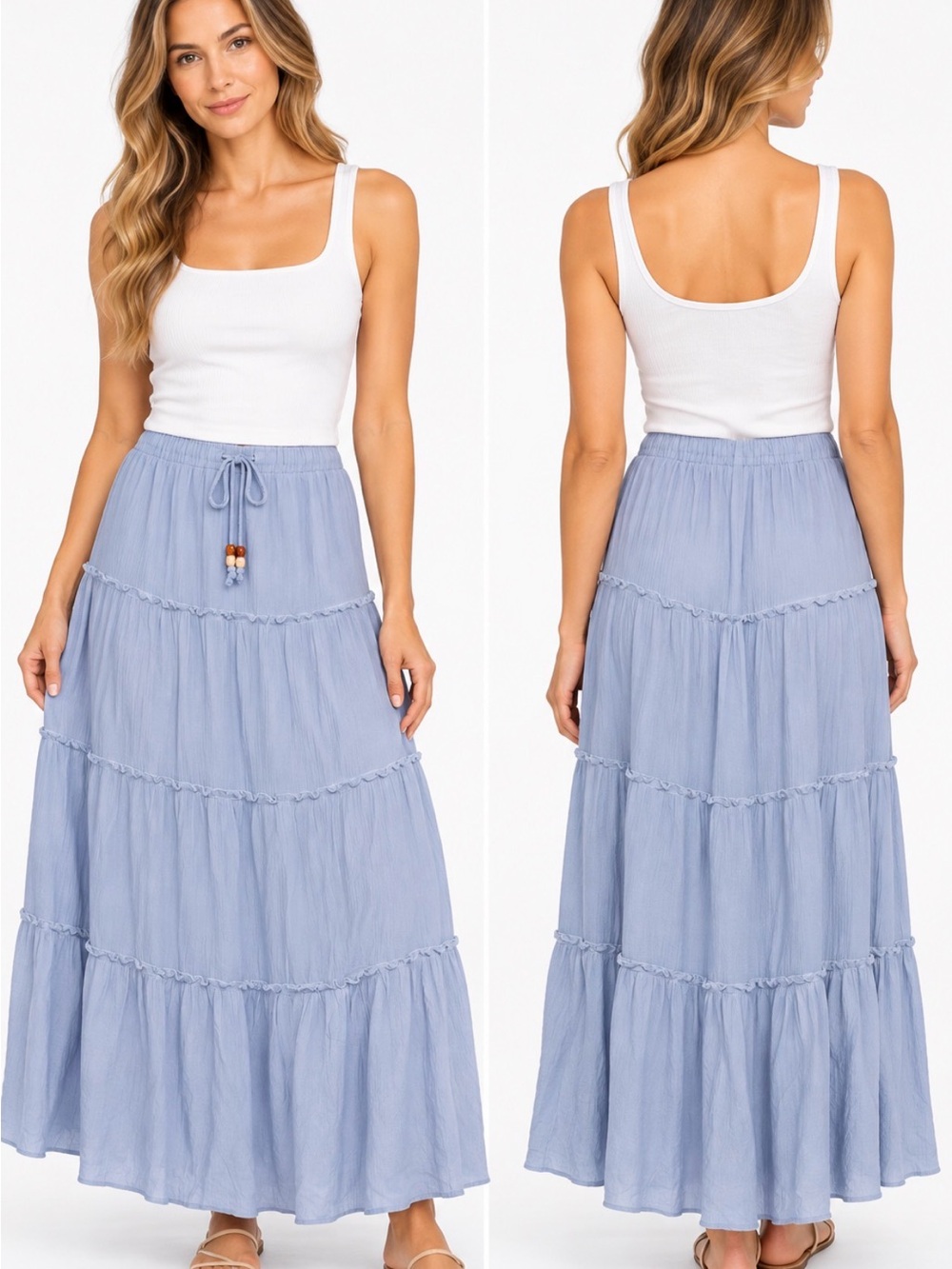 Rachel Paige NWT Blue Tiered Boho Maxi Skirt Beaded Drawstring XL